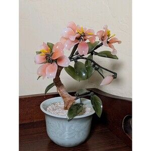 Vintage Jade Bonsai Tree Cherry Blossoms Flowering Glass Plant Green Celadon Pot